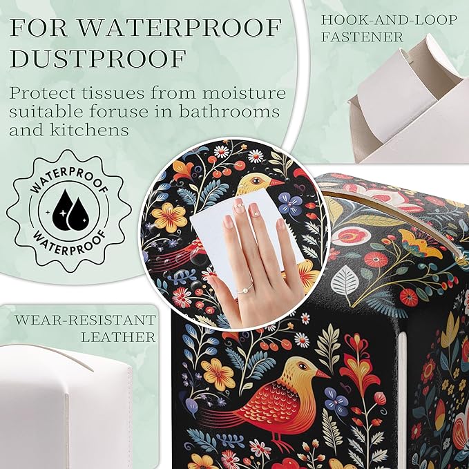 Black Tissue Box Holder, Floral Bird Leather Tissue Box Cover Square with Bottom Belt, Paper Napkins Everyday Dispenser for Bathroom Night Stands Kitchen Office Car Home Decor