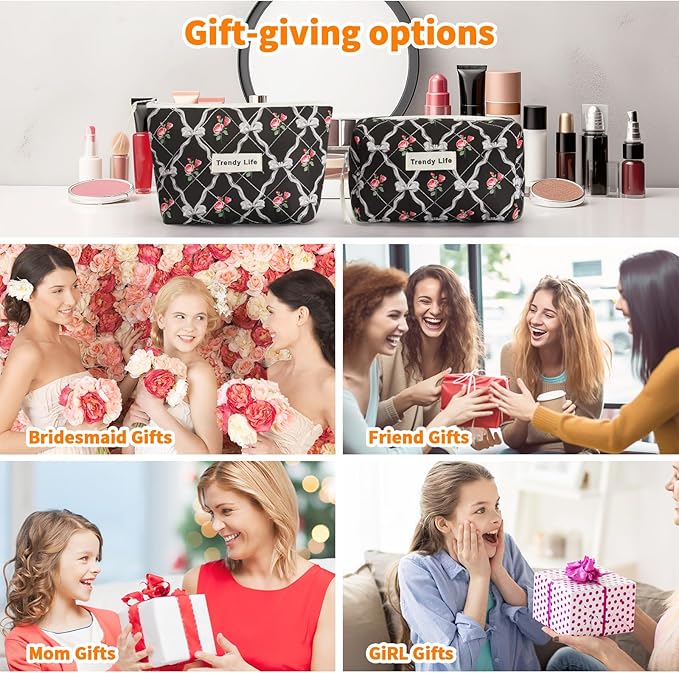 HAOGUAGUA 2 Pieces Makeup Bag, Small Large Quilted Cosmetic Bag, Travel Floral Make Up Toiletry Organizer Bag for Women Girls (2PCS STYLE A-5)