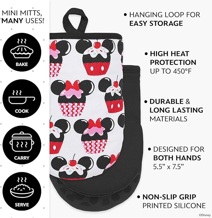 Disney Oven Mitts - 5.5” x 7.5” Heat-Resistant Mini Oven Mitts with Non-Slip Printed Silicone Disney Silhouettes - Mickey & Minnie, Stitch, Winnie The Pooh