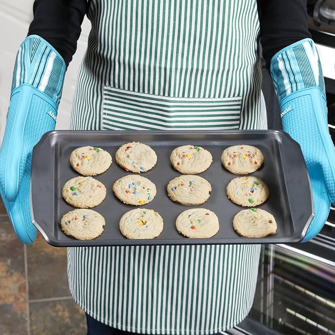 Oven Mitts Heat Resistant Silicone Kitchen Gloves for 550 Degrees with Waterproof and Non-Silp, Oven Gloves for Baking Cooking Barbecue Microwave Machine Washable (2, Extra Long Sapphire)
