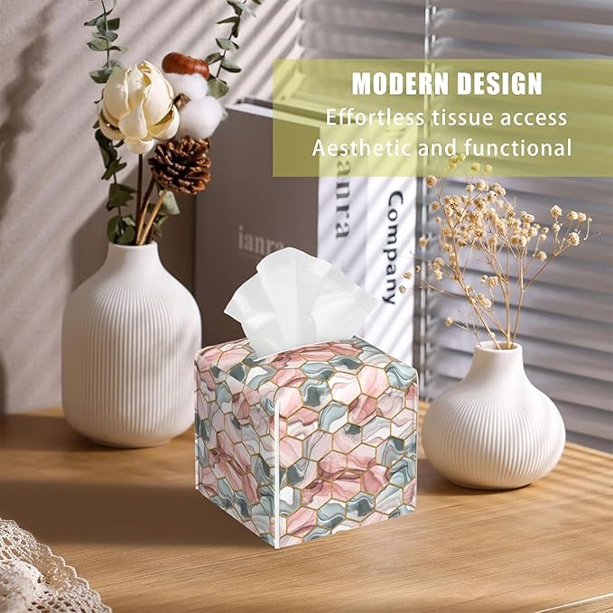 BLYKVGHQ Abstract Geometric Square Tissue Box Cover Pink and Gray Hexagon Tissue Box Holder Facial Cube Paper Dispenser Leather Decorative Organizer Home Office Desk Decor, 5.2"x5.2"x5.2"