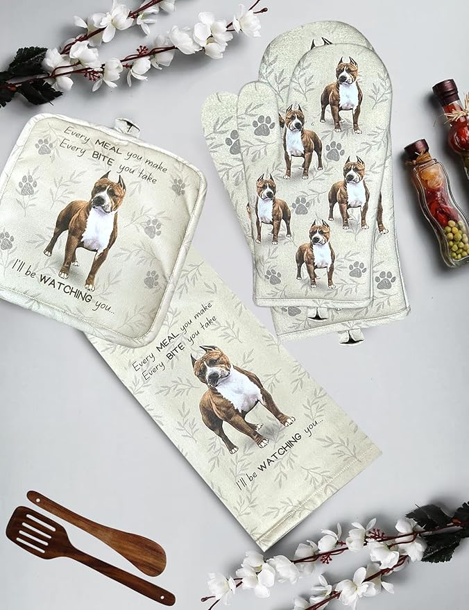 Pit Bull 3-Piece Kitchen Set - Oven Mitt, Pot Holder & Kitchen Towel Set, Heat Resistant up to 420 F, Soft Quilted Cotton for Cooking, Baking, BBQ, Pet Lover Gifts (Pit Bull)