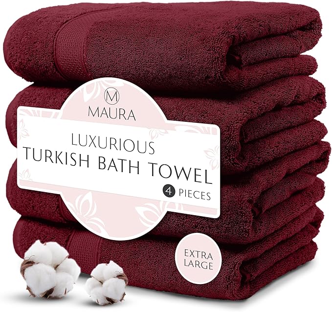 MAURA Wine Red Extra Large Turkish Cotton Luxury Bath Towels Set of 4. Ultra-Soft, Thick & Plush Towels for Bathroom - Burgundy