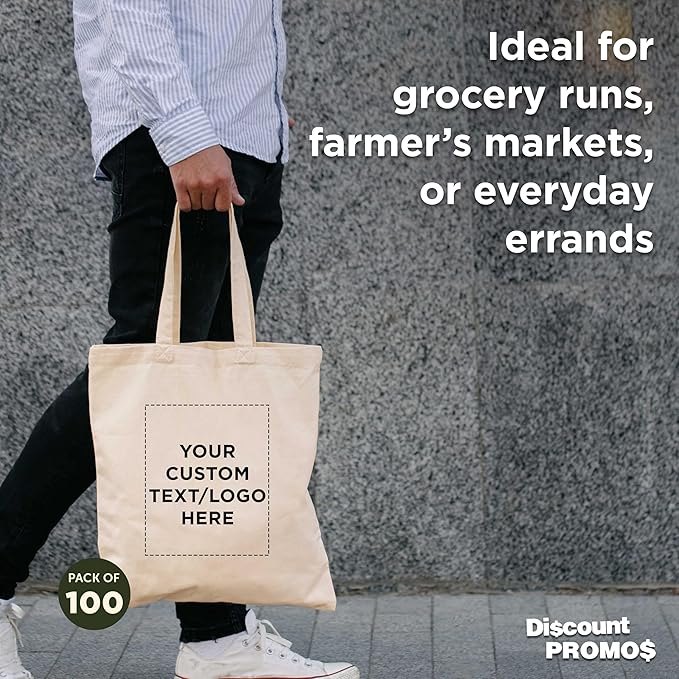 DISCOUNT PROMOS Custom Cotton Tote Bags (Set of 100) - Personalized, Reusable & Eco-Friendly - Perfect for Grocery, Promotions, Branding - Natural Color, 14.5"X16.75", 4 OZ Cotton