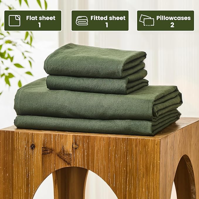 Bedlifes 100% French Pure Linen Sheets California King Size Breathable and Cooling Flax Sheet Set Soft Durable and Moisture Wicking 16 Inch Deep Pocket-4 Piece(Cal King,Forest Green)