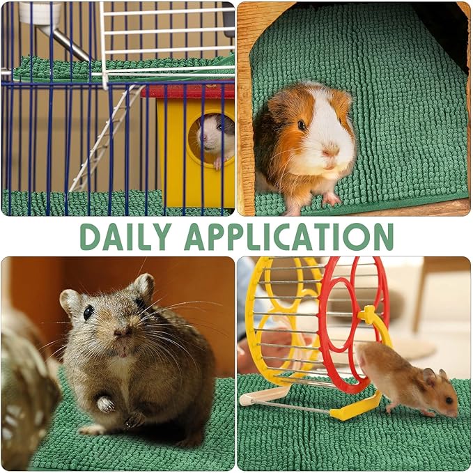Amylove 4 Pcs Guinea Pig Cage Liner Guinea Pig Bedding Dog Door Mat for Muddy Pet Paws Washable Chenille Pee Pads Small Animal Sleeping Bed for Bunny Hamster(16 x 24 Inch,Rectangular,Dark Green)