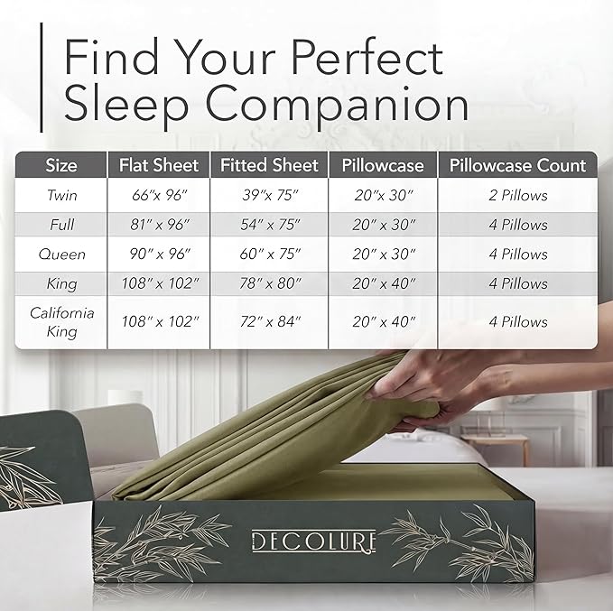 DECOLURE 100% Viscose Derived from Bamboo Sheets King Size - Luxury 6 Pc Naturally Cooling Sheets, Ultra Soft Bed Set - Deep 17" Pockets, Durable Double Stitching, Oeko Tex Standard (Light Olive)
