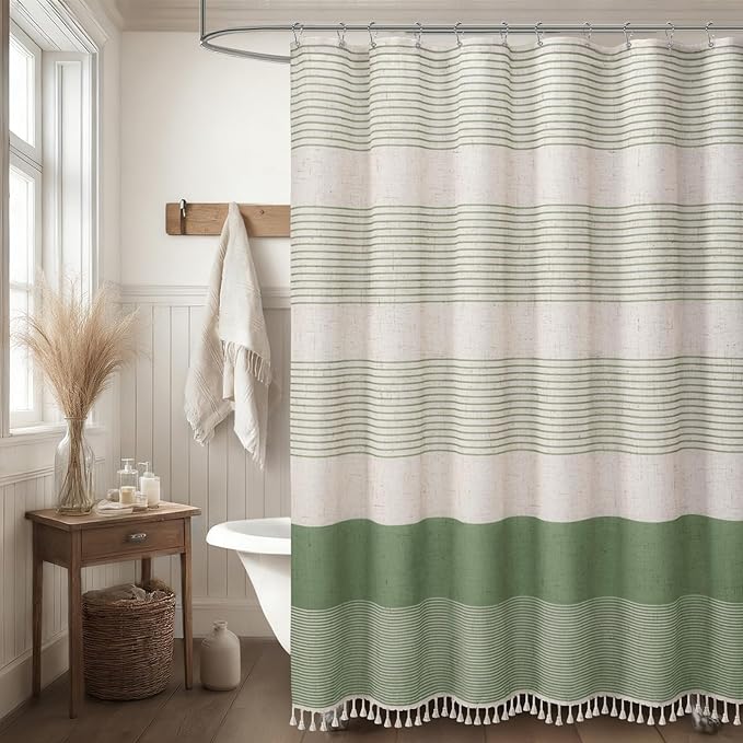 XOGUIBO Sage Green Shower Curtain Boho Linen Striped Shower Curtains for Bathroom with Tassel 72 X 72