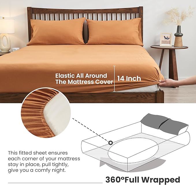 Simple&Opulence Belgian Linen Sheet Set Solid Color - 4 Pieces (1 Flat Sheet, 1 Fitted Sheet & 2 Pillowcases) Natural Flax Cotton Blend Soft Breathable Farmhouse Bedding - King Size, Rust