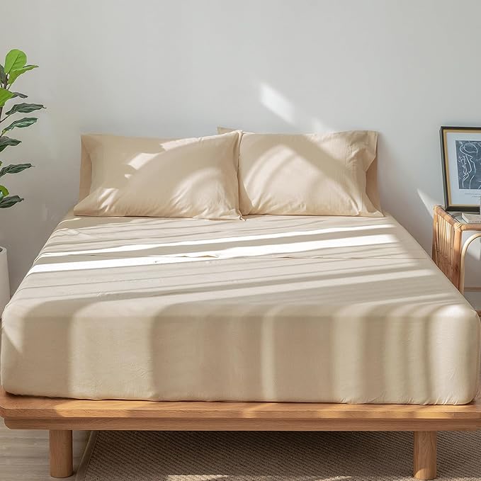 MooMee Bedding Sheet Set 100% Washed Cotton Linen Like Textured Breathable Durable Soft Comfy (Solid Sandy Beige, Queen)