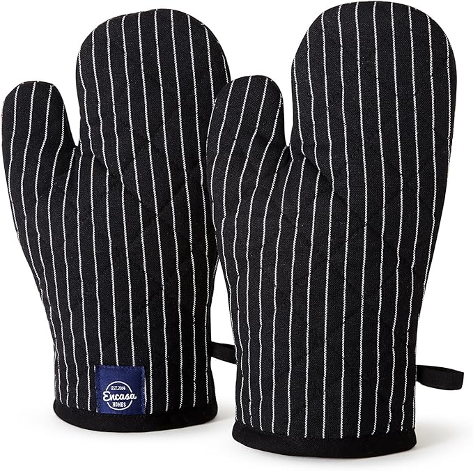 Encasa XO Long 12"x7" Oven Microwave Hand Gloves Mitts (2 pc Set) for Kitchen Cooking & Baking - Heat Resistant, Thick & Safe, Protection of Hands from Hot Utensils - Butcher Stripes Black