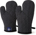 Encasa XO Long 12"x7" Oven Microwave Hand Gloves Mitts (2 pc Set) for Kitchen Cooking & Baking - Heat Resistant, Thick & Safe, Protection of Hands from Hot Utensils - Butcher Stripes Black
