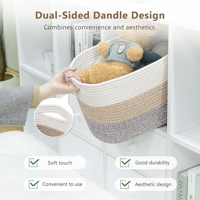 ECDYQXVU Cotton Rope Storage Basket, 15x10x9 Inches, Woven Basket for Shelves, Clothes, Towels, Books, and Laundry, White Brown (3 Pack)
