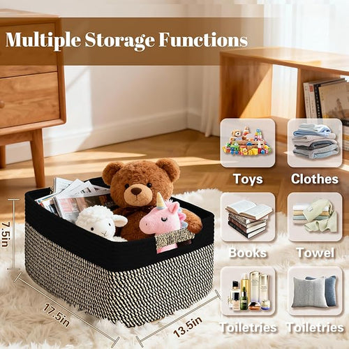 4 Pack Large Storage Basket for Organizing, 17.5"x13.5"x7.5" Woven Basket for Shelves, Closet Cube Storage Bins with Wrapped Handle, Cotton Rope Baskets for Kitchen, Clothes, Toys(Black & Brown)