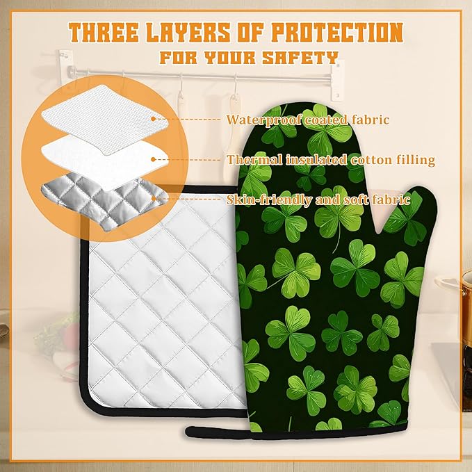 Lucky Clover Oven Mitts and Pot Holders,Patrick's Day Heat Resistant Oven Mitts Gloves and Pot Holder for Home Kitchen Decorations Cooking Baking BBQ Gifts,Set of 4