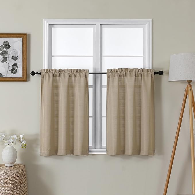 Lecloud Bessie Camel Kitchen Curtains 30 Inch Length 2 Pcs, Faux Linen Textured Light Filtering Short Curtains, Soft Window Treatments with Dual Rod Pocket, Each 30 W x 30 L