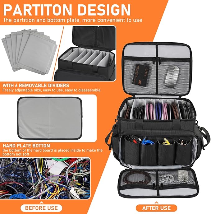 IBVIVIC DJ Cable File Bag with 6 Detachable Dividers High Capacity Gig Cable Bag for Cords, DJ Gear, Sound Instrument and Accessories, Grey