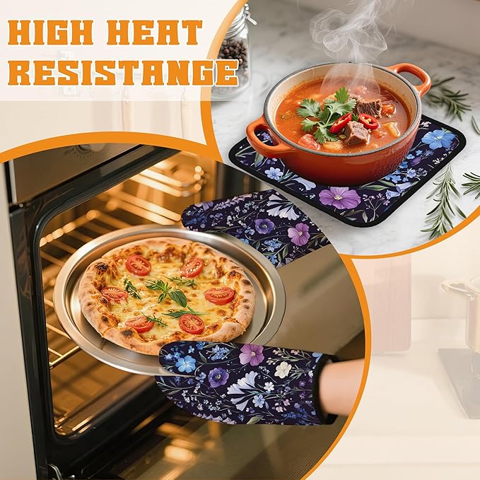 Wildflowers Oven Mitts and Pot Holders,Vintage Garden Herb Flower Heat Resistant Oven Mitts Gloves and Pot Holder for Home Kitchen Decorations Cooking Baking BBQ Gifts,Set of 4