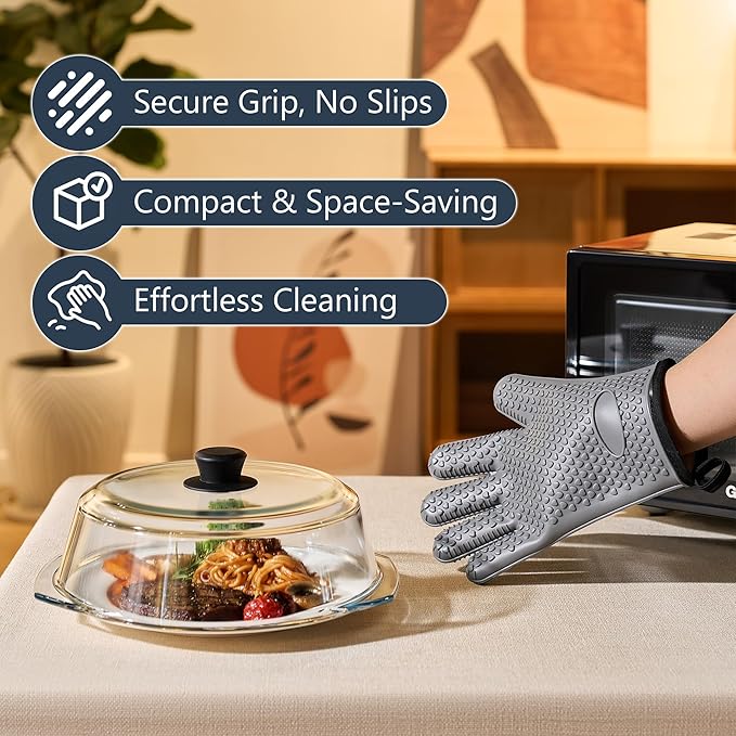 Glass Microwave Splatter Cover for Food Plates & Cookware with Oven Mitts, Borosilicate Glass Splatter Lid Guard with Vent Hole & Easy Grip Silicone Handle, 100% BPA Free & Dishwasher Safe
