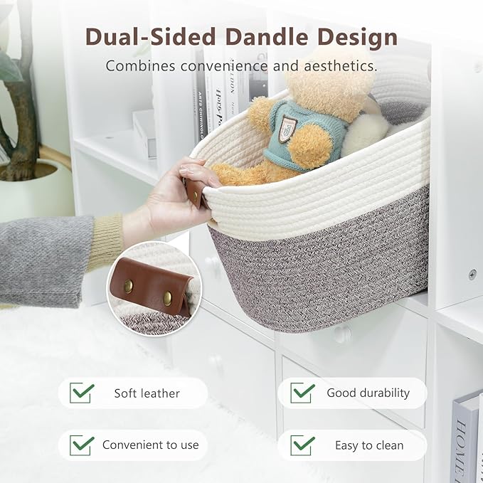 ECDYQXVU Cotton Rope Basket, Storage Baskets with Handle, 15x10x9 Inch Woven Basket for Shelves, Laundry, Towels, Clothes, Books (White Brown 2 Pack)