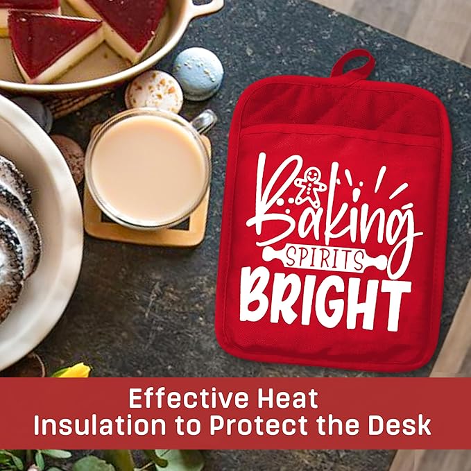 Red Christmas Baker Pot Holders with Pockets, Baking Spirits Bright Holiday Christmas Gingerbread Oven Pot Holders Heat Resistant Oven Mitts Hot Pads for Kitchen Baking Cooking