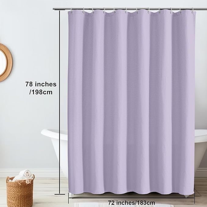 OVZME Long Fabric Shower Curtain Set, Waffle Textured Shower Curtain for Bathroom - Weight 230GSM Heavy Duty Hotel Spa Luxury Bath Curtain Set with 12 Plastic Hooks, 72Wx78L, Lavender