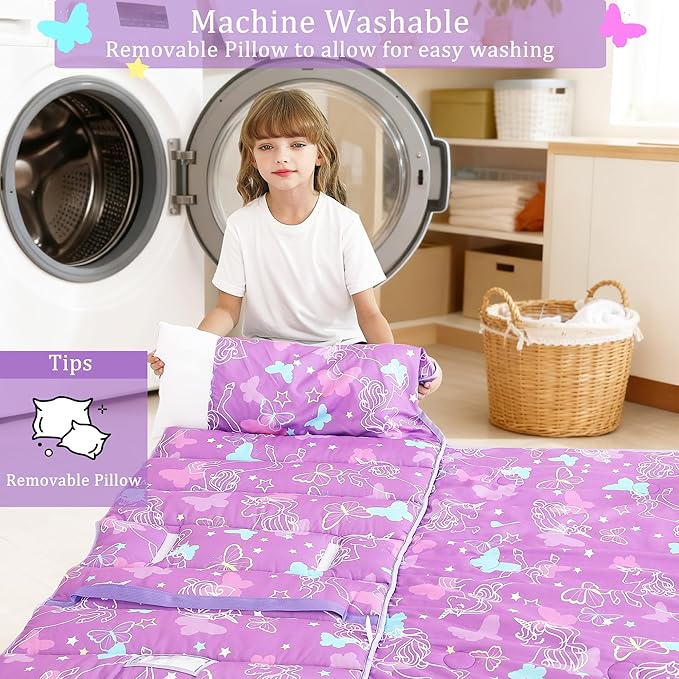 Toddler Nap Mat for Preschool 50''x30'' Sleeping Mat with Removable Pillow and Minky Blanket for Kids Ages 3-7 Roll Up Soft Sleeping Bag for Boys Girls Kindergarten Daycare Sleepover