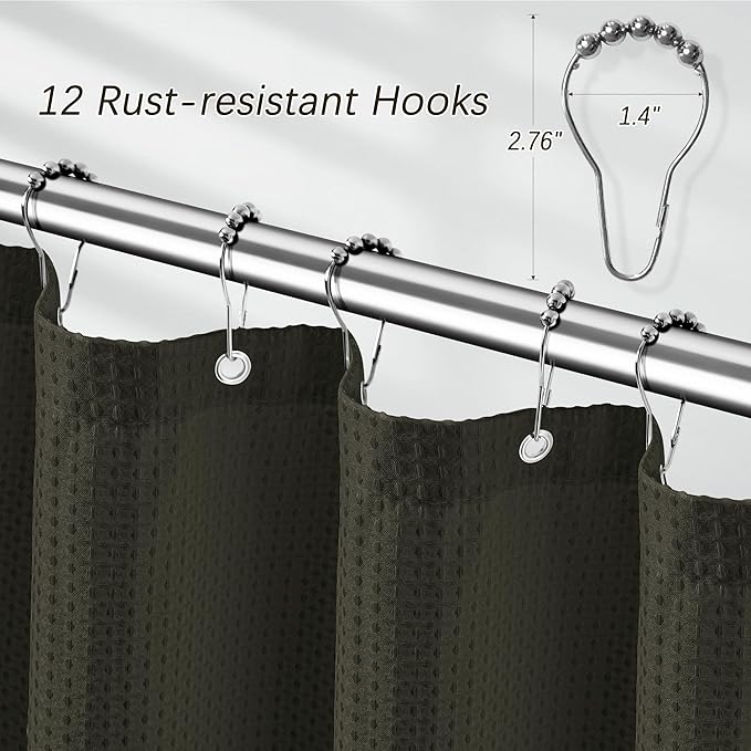 PANGSINNE Extra Long Waffle Weave Shower Curtain 96 Inch Length Heavy Duty Shower Curtain for Bathroom, Machine Washable Water Resistant 256GSM Modern Shower Curtains with 12 Hooks, 72Wx96H Brown