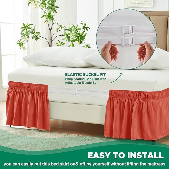 Biscaynebay Wrap Around Bed Skirts for Full & Full XL Beds 15" Drop, Coral Adjustable Elastic Dust Ruffles with Adjustable Belts Silky Luxrious Fabric Machine Washable
