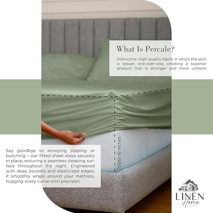 Linen Home 100% Cotton Percale Sheets King Size, Oil Green, Deep Pocket, 4 Pieces Set - 1 Flat, 1 Deep Pocket Fitted Sheet and 2 Pillowcases, Crisp Cool and Strong Bed Linen