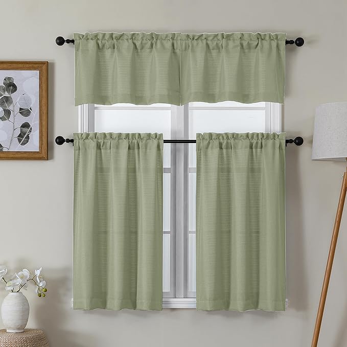 Lecloud Bessie Light Green Kitchen Curtains 36 Inch Length 2 Panels Set, Faux Linen Textured Curtain Tiers, Light-Filtering Window Short Curtains for Basement Dining Room, Each 30 W x 36 L