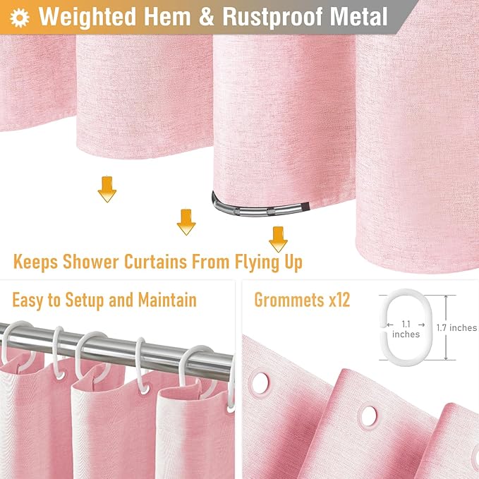 BTTN Extra Long Shower Curtain, 96 Inch Linen Textured Heavy Duty Fabric Shower Curtain Set with 12 Plastic Hooks, Large Luxury Decorative Polyester Cloth Shower Curtains for Bathroom, 72"x96", Pink