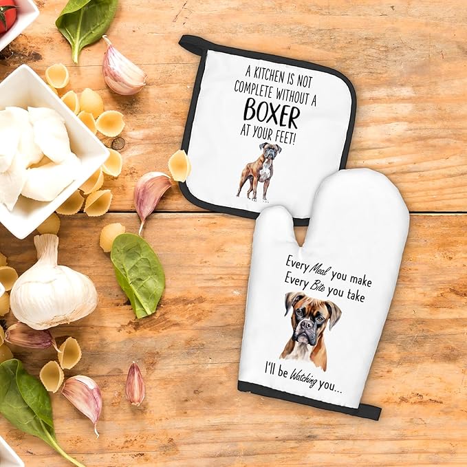 Boxer Dog Gifts Oven Mitts and Pot Holders Sets, Boxer Dog Decor Kitchen Accessories Sets, Complete Without a Boxer Dog Heat Resistant Oven Glove Potholders for Kitchen Baking Cooking