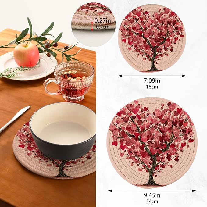Valentine Tree Hearts Trivet Mat 2PCS Love Leaf Round Woven Potholders Kitchen Table Countertop Protector Hot Pads Farmho