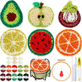 Yaomiao 6 Pcs Fruit Punch Needle Coaster Kit Punch Needle Embroidery Kits Craft Supplies with Patterns Yarns Tools Adhesive Felt Embroidery Hoop Instruction Holder for Adult DIY