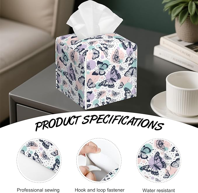 Tropical Butterflies Tissue Box Holder,Colorful Splash Dots Cube Tissue Box Cover Holder,Leather Facial Paper Organizer Dispenser Home for Bedroom Night Stands,Kitchen,Office and Car,5.2"×5.2"×5.2"