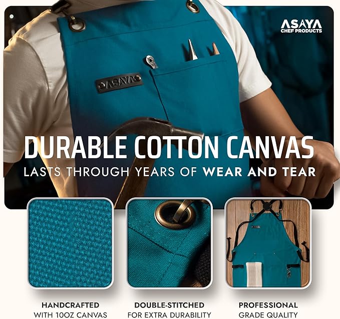 Asaya Chef and BBQ Apron with Bottle Opener and Hand Towel - 10oz Cotton Canvas, Stainless Steel Hardware - Cross Back Straps