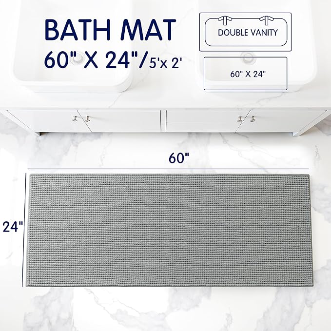 SUBRTEX Bathroom Rugs, 24" x 60" Chenille Bath Rug Soft Short Plush Bath Mat Soft Shower Mat Water Absorbent Shower Mat Quick Dry Machine Washable, Light Gray