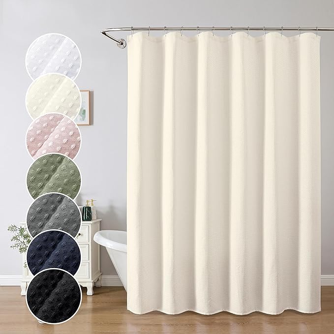 OWENIE Cream Shower Curtain, Waffle Weave Heavy Fabric Shower Curtain for Bathroom, Waterproof Thick 420G/M Textured Soft Elegant Luxury Hotel Spa Bath Curtains, Machine Washable, Cream, 72W x 72L