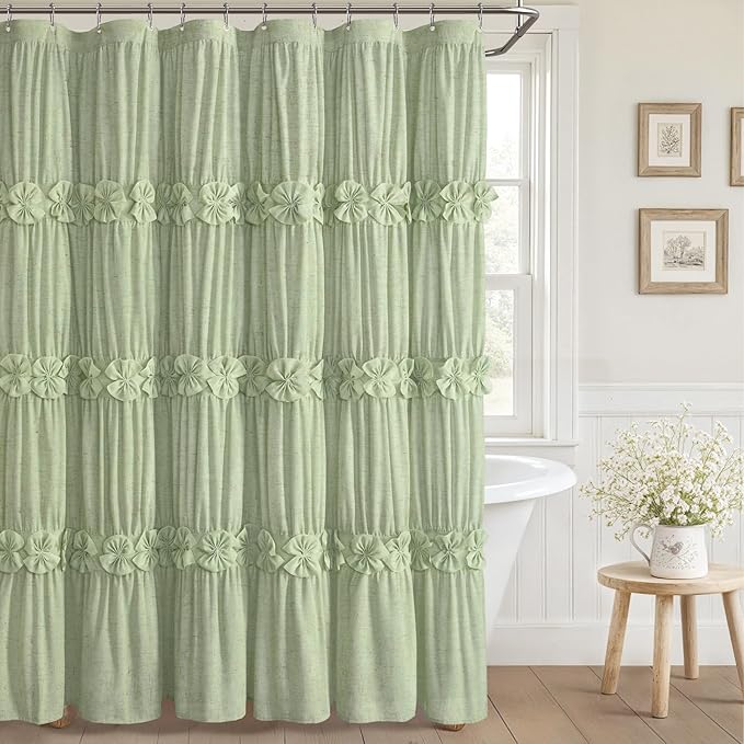XOGUIBO Ruffle Shower Curtain with Handmade Bow Tie, Green Linen Vintage Farmhouse Shower Curtain for Bathroom, 72" W x 72" H