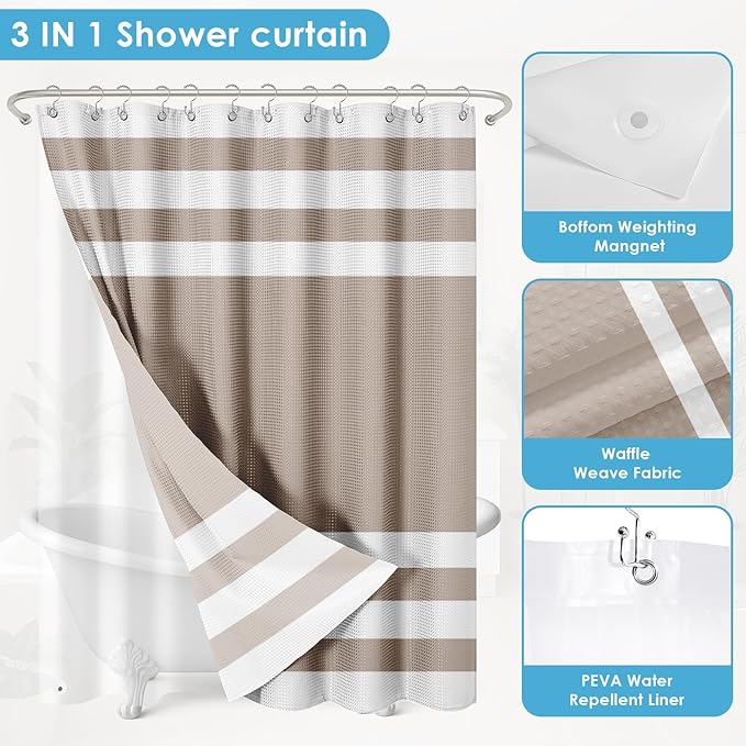 Nesphy Shower Curtain and Liner, Taupe Striped 3 in 1 Shower Curtain and PEVA Liner Set with 12 Rust-Resistant Metal Hooks, Waterproof Fabric Shower Curtains for Bathroom, 72 W x 72 H