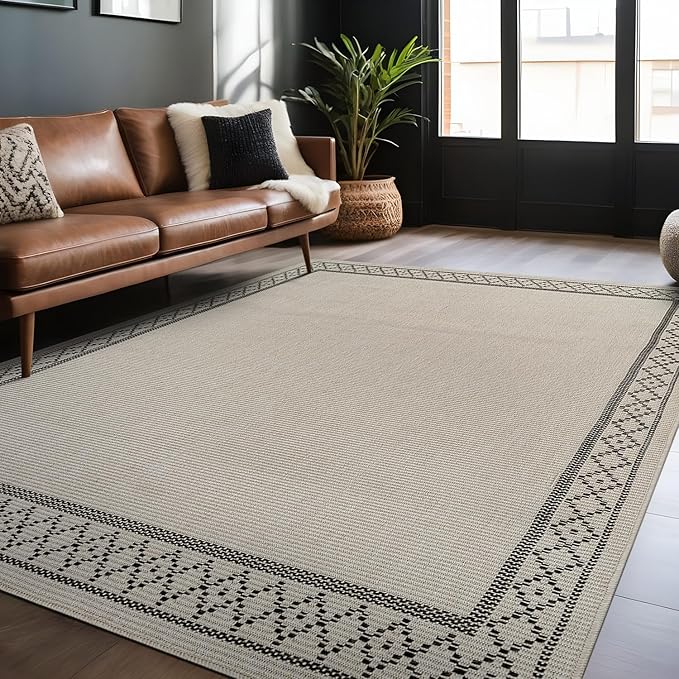Easy Jute Rugs 6x9 Frame Bone Color Living Room Indoor Outdoor Area Rug for Patio and Kitchen Rug High Traffic Washable Easy to Clean Solid Boho Woven Design Carpet (6 x 9)