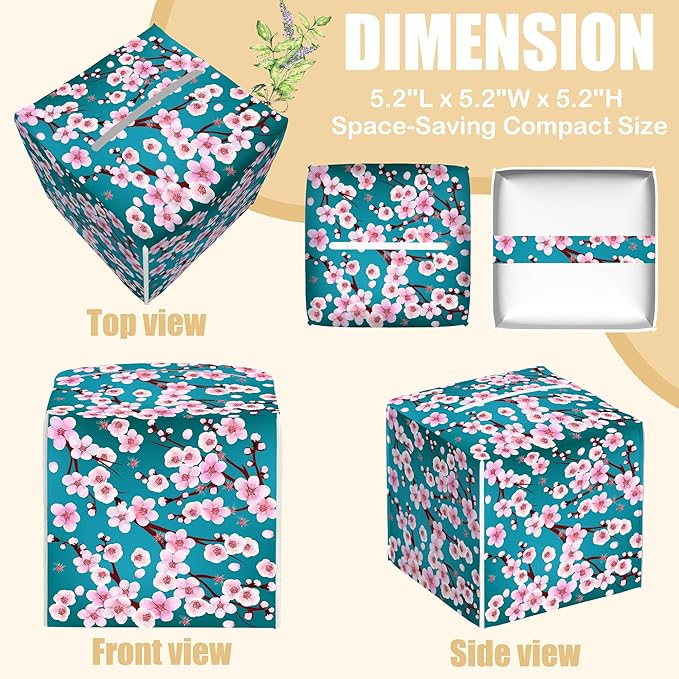 BLYKVGHQ Pink Cherry Blossom Branches Tissue Box Cover Square, Tissue Box Holder with Bottom Belt Leather Facial Paper Organizer Dispenser for Bathroom Bedroom Dresser Night Stand Tabletop