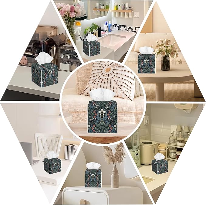 BLYKVGHQ Garden Flowers Square Tissue Box Cover William Morris Art Tissue Box Holder Facial Cube Paper Dispenser Leather Decorative Organizer Home Office Desk Decor, 5.2"x5.2"x5.2"