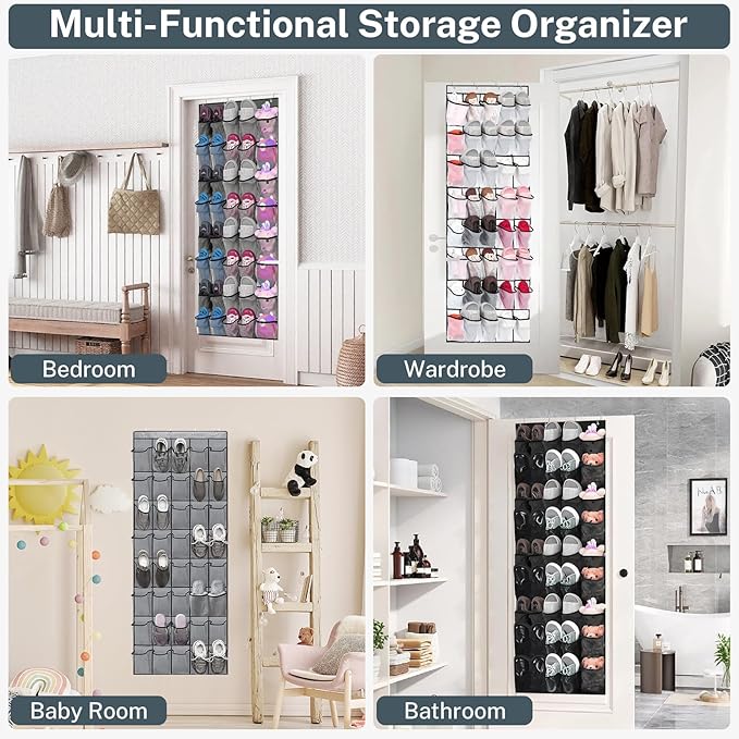Hualleko Over the Door Shoe Organizer,40-Pocket Hanging Shoe Rack for Closet Door,Shoes Storage Holder Hanger with Large Mesh Pocket for Women Men Shoes,Flip Flops(Black)