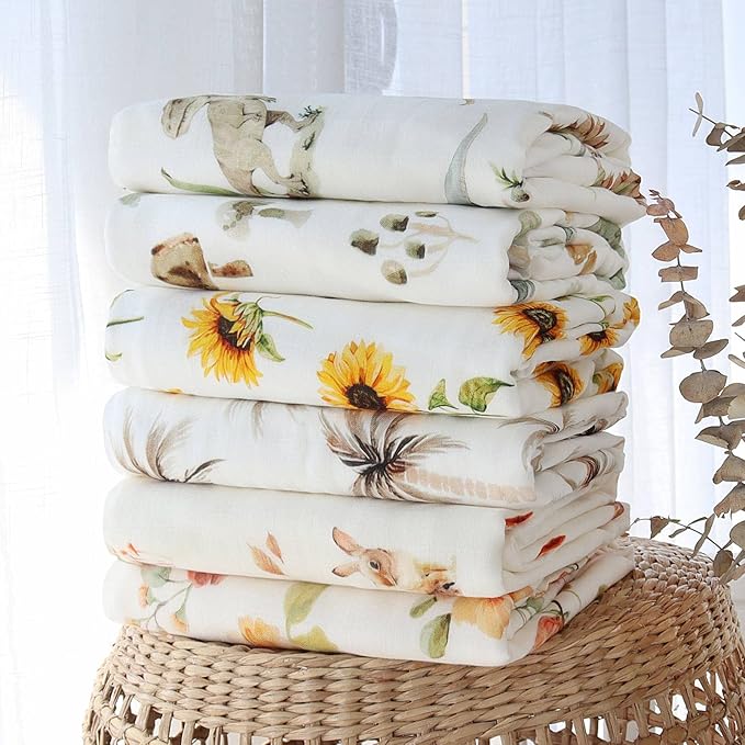 LifeTree Baby Muslin Swaddle Blankets for Boys & Girls, Newborn Swaddle Set with Matching Headband Bow, Infant Blanket Wrap, 47 x 47 inches, Sunflowers, 70% Viscose from Bamboo and 30% Cotton
