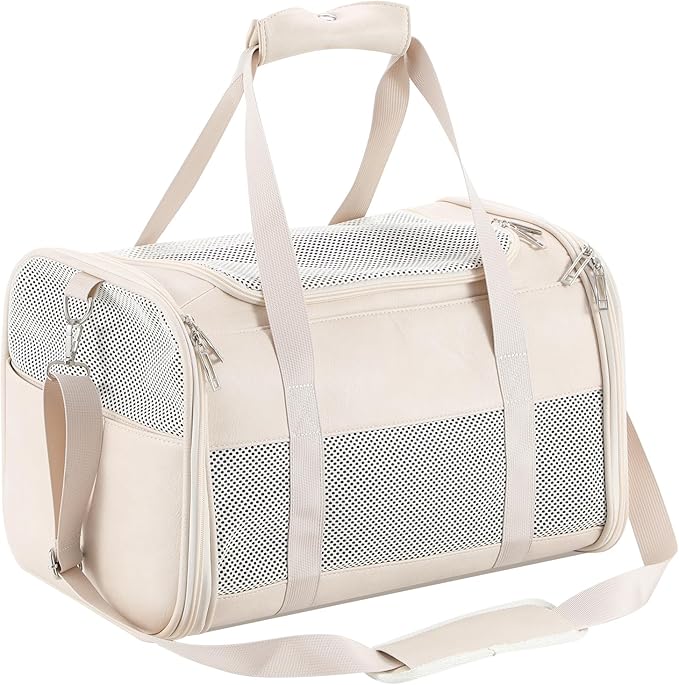 Monanller Fashion Leather Dog Carrier, Airline Approved Cat Carrier Soft Sided Pet Bag Carrier Purse for Puppy Kitten Small Animals White