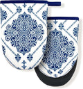 Vintage Navy Blue Floral Boho White Mini Silicone Oven Mitts, Heat Slip Resistant Kitchen Gloves 2-Pack Set, Soft Short Small Oven Mittens Pot Holders for Baking Grilling Barbecue Microwave Gift
