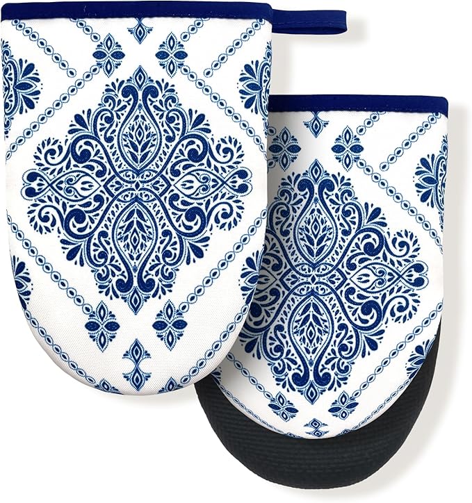 Vintage Navy Blue Floral Boho White Mini Silicone Oven Mitts, Heat Slip Resistant Kitchen Gloves 2-Pack Set, Soft Short Small Oven Mittens Pot Holders for Baking Grilling Barbecue Microwave Gift
