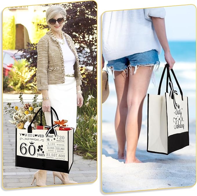 YeohJoy 60th Birthday Gifts for Women 60 and Fabulous Canvas Tote Bag Travel Gear, Unique 60 Years Old Gifts for Wife Sister Mom Aunt Friends Her, Handbag & Cosmetic Bag & 60 Birthday Poster